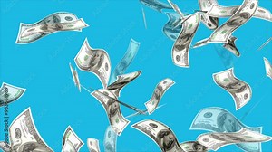 Animation of 100 dollar bills falling on blue background, Money falling and flying in the air, dollars bills falling down in 3D animation video, dollars falling, raining money, money rain.
