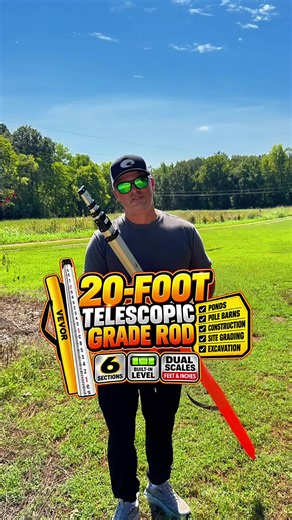 VEVOR 20-Foot Telescopic Grade Rod – Contractor Surveying & Leveling Rod Built for contractors, excavators, builders, and property owners who need accurate elevation and depth measurements. This 20-foot telescopic aluminum grade rod is ideal for use with a transit or laser level when building ponds, checking pond depth, setting grades, shooting elevations, leveling building sites, installing drainage, grading driveways, or laying out pole barns. Features 6 adjustable sections, easy-to-read dual 