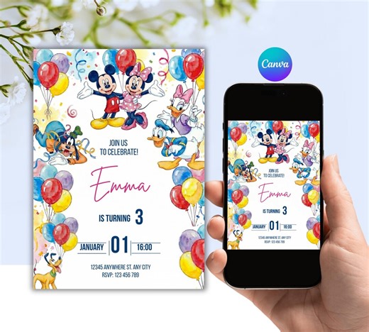 Mickey Mouse and Friends Editable Birthday Invitation Digital Canva Template - Etsy