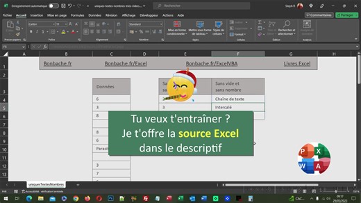 Isoler les textes des nombres avec Excel 📚 Le Livre Excel l'Intégrale : https://www.bonbache.fr/livres-excel-pdf.php#excel-int ✔ La source Excel : https://docs.google.com/spreadsheets/d/1201iUYSNDM8ndW7E-IbUryDiOhPwtJFT/edit?usp=sharing&ouid=115258297157405395083&rtpof=true&sd=true Cette vidéo montre comment organiser et trier des listes de données mixtes dans Excel, en séparant les nombres des textes et en supprimant les doublons ainsi que les cellules vides. Elle détaille la méthode pour isol