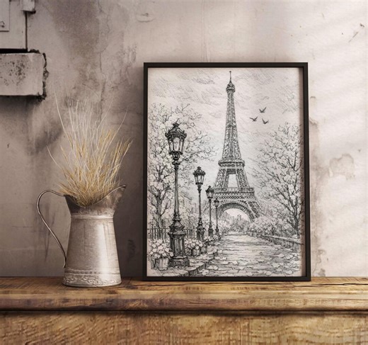 Eiffel Tower Pencil Sketch Wall Art, Vintage Paris Decor Print - Etsy