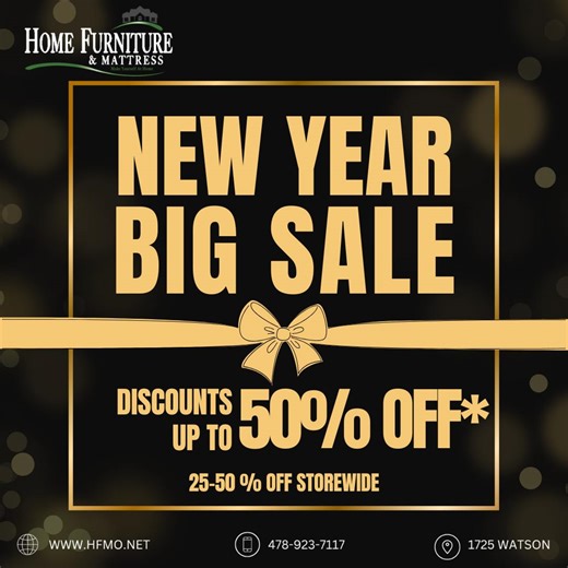 Home Furniture on Instagram: "NEW YEARS SALE! 25% - 50% Storewide! (even mattresses) We need more room for 2026 inventory! Help us make holes! 📍1725 Watson Blvd. Can't stack or combine this sale with any other discounts or offers. In-Stock Only No layaways on sale prices. #newyear #newfurniture #shopsmall #shoplocal"