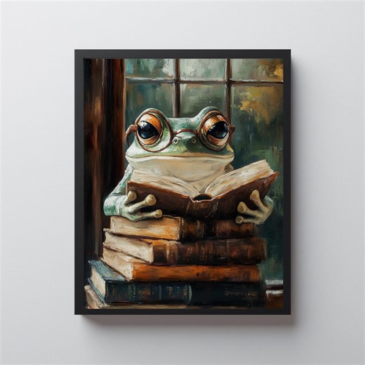 Rustic Frog Scholar Art With Books in Cozy Library Setting (digital Download) - Etsy