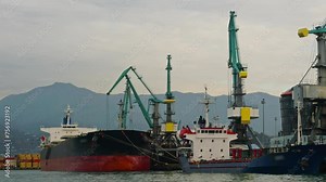 Port container cranes unload and load a bulk carrier Timelapse, loading containers onto a cargo ship in the Batumi port. Global Trade and Logistics with Crane vessel. Gantry crane or Overhead cranes