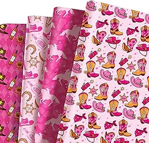 Jajajuegos Western Cowgirl pattern Wrapping Paper Set - 12 Sheets Western Cowgirl Gift Wrapping Paper 4 Design Wild West Pattern Paper for Wild West Cowgirls Themed Party Decorations 20'' x 27''