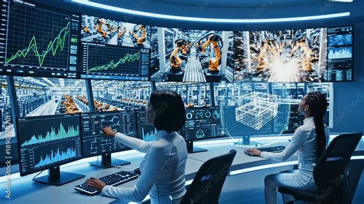 Modern control room with multiple monitors displaying data and robotic arms in a factory setting, observed by two individuals