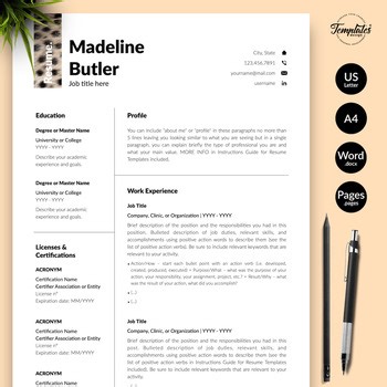 Animal Care Resume - Madeline Butler / Veterinary CV for MS Word & iWork Pages
