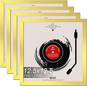 Vinyl Record Frame for the Wall Display Album Cover, Gold 12.5 x 12.5 Frame for any 12 Inch LP Record with Cover - 4 Packs/Gold