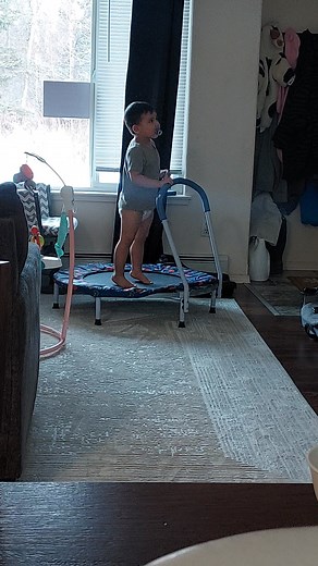 I'm so happy we picked up this mini trampoline for Ross. He likes it alot plus it'll make the couch last longer 😃 | Liz Howard