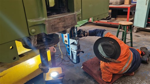 5.7K views · 136 reactions | Did not have the chance to add this yesterday. Mike H is using the mag drill upside down to open out the holes for the lubricators from 5/8 to 7/8 of an inch. We have the correct tap to finish the job, but insufficient room to use the tapping tool handle. The trailing truck pivot pin, seen lower left, will need to be temporarily removed to complete the job. | 72010 Hengist | Facebook