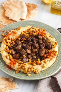 Lebanese Hummus with Spiced Meat and Pine Nuts