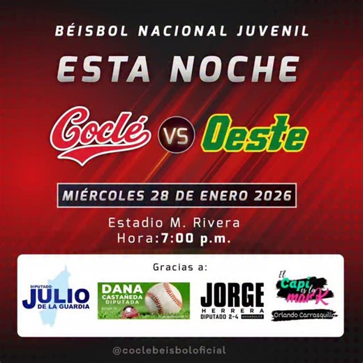 𝘓𝘪𝘨𝘢 𝘗𝘳𝘰𝘷𝘪𝘯𝘤𝘪𝘢𝘭 𝘥𝘦 𝘊𝘰𝘤𝘭é on Instagram: "💪𝙀𝙎𝙏𝘼 𝙉𝙊𝘾𝙃𝙀⚾🔥 Estamos en La Chorrera para medirnos a la novena de Panamá Oeste a las 🕖 7:00 p.m en el 🏟 Mariano Rivera y cumplir con nuestro 21° compromiso de la ronda regular del Campeonato Nacional Juvenil de Béisbol. Transmiten: 📺: TV MAX @tvmax 📻: Radio Poderosa 99.9 @poderosaradio 💪⚾🔥¡Arriba Coclé!🔥⚾ ¡Arriba Leña Roja!👏🔥 @ingeniosantarosa @mauriciodeportes @cobrepanama @constructorarigaservices @ipacoop_ @munici