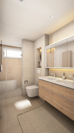 ◾ Badezimmer Planung Visualisierung◾ Ein Duschbad auf 5,4 qm mit Fokus auf den Duschbereich. Ich vermute, dass erste was viele sich denken: „Der Wäscheabwurf in der Dusche – das wird doch nass und Wasser läuft nach unten“ Dazu sei gesagt….Nein. Bei 162cm wird dort kaum, bis gar kein Wasser hin spritzen. Zur Sicherheit könnte man noch eine Revision mit Dichtlippe verwenden. So ist auch gleich etwas für den Schallschutz und Luftzirkulation nach unten getan. Anzeige Visualisierung mit palette_cad #