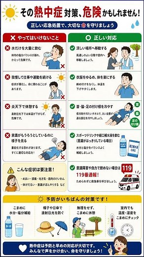 熱中症は予防と早めの対応が命を守り ます。正しい応急処置を知り、自分や大切な人を守るために備えましょう。#熱中症 #応急処置 #熱中症対策
