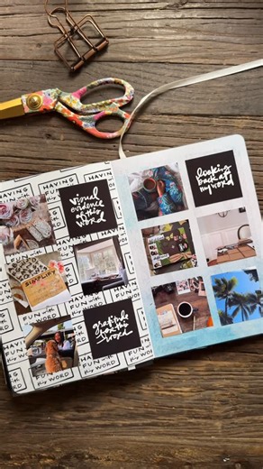 Azzari Jarrett Photo & Design on Instagram: "Creating a visual representation in my art journal of a year with my word, Simplify. A clean, minimal layout where my photos tell the story 📷 Join me in the @onelittlewordcommunity classroom, where I break down the meaning of each photo 📷 I hope this inspires you to begin to look back at your journey with your word this year ❤️ #onelittleword #onelittleword2015 #onelittlewordcommunity #azzariolw2025 #artjournal #photosandstories #artjo