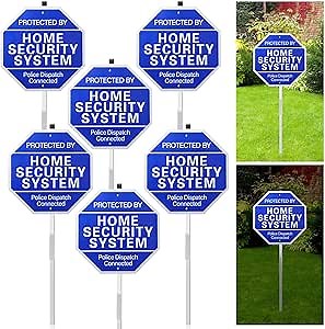 6pcs Protected by Home Security System Signs for Yard with Stake and Stickers 10" x 28" Aluminum Heavy Duty Police Dispatch Connected Warning Sign UV Protected for Garden Yard Outdoor