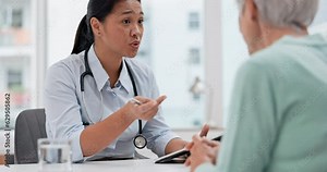 Medical consultation, tablet and senior woman, doctor and talk to patient, explain hospital services or healthcare insurance. Chat, results or cardiology worker consulting, advice or help old person