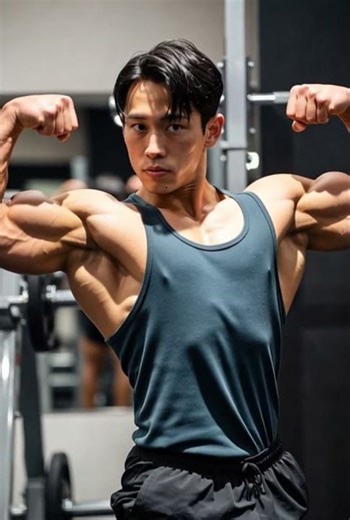 Pumped Biceps of a Muscular Japanese Man Striking a Muscle Pose