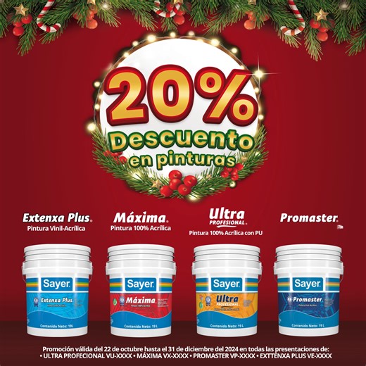 ¡Seguimos de promoción en nuestras líneas seleccionadas de pinturas! Aprovecha 20% de descuento y recibe este 2025 con tu hogar completamente renovado. ✨ #Sayer | Sayer Lack