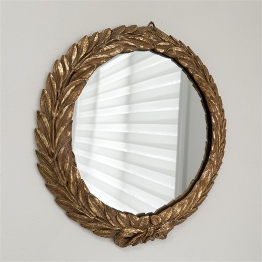 Vintage Round Gold Leaf Mirror With Laurel Leaf and Bow Design, Gallery Wall Mirror, Grandmillennial Decor - Etsy