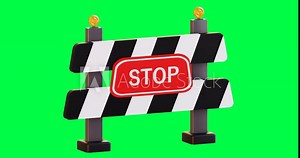 Stop sign. Animation of the appearance of a barrier with a stop sign, on a green background and with a black and white alpha channel. 4k animation in cartoon style.