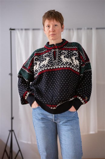 Vintage Dale of Norway Wool Sweater in Navy Blue & White | Size L - XL | Chunky Knit Reindeer Pattern Jumper for Men / Unisex - Etsy