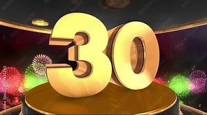 30th anniversary animation in gold with fireworks background, Animated 30 years anniversary Wishes in 4K