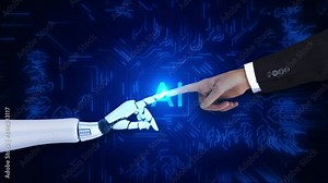 4K Artificial intelligence machine learning technology finger touching AI processor electronic circuit. chatbot, smart assistant, innovative network data. robot Chat. Circuit Board CPU Processor 3D