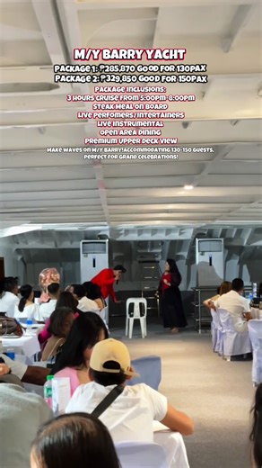 Our Newest and Super Yacht is out now! 𝐒𝐞𝐭 𝐬𝐚𝐢𝐥 𝐰𝐢𝐭𝐡 𝐌/𝐘 𝐁𝐀𝐑𝐑𝐘 — A Luxurious Yacht featuring multiple decks perfect for spacious dining & entertainments that can accomodate up to 150pax🛥️ Choose your spot, Relax and Unwind ✨ 🟤 𝐌𝐀𝐈𝐍 𝐃𝐈𝐍𝐈𝐍𝐆 ( 𝙄𝒏𝙙𝒐𝙤𝒓 𝑫𝙚𝒄𝙠 𝘿𝒊𝙣𝒊𝙣𝒈 ) / Joiners Slot ₱ 1,950 PER HEAD Inclusions: • 3 Hours Cruise ( 5:00-8:00 PM ) • Steak & Seafood Dinner Onboard • Live Perfomers/Entertainers • Separated Table from other guest • Window View wi