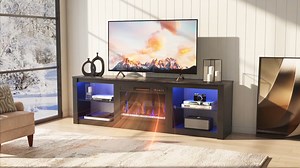 Bestier Fireplace TV Stand for 75" TVs,Entertainment Center and Media Console with 23" Electric Fireplace, Remote Controlled RGB LED Lighting System and Adjustable Tempered Glass Shelves Rustic Brown
