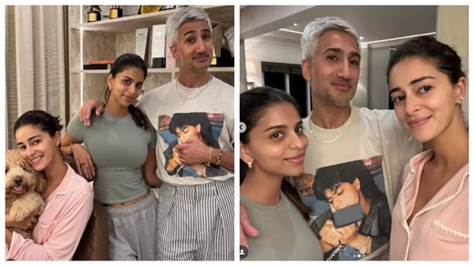 Tan France poses with Suhana Khan and Ananya Panday, but his Shah Rukh Khan tee steals the spotlight