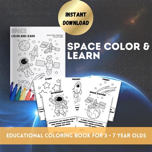 Space Color & Learn | Kids Educational Printable Coloring Book (digital Download) - Etsy