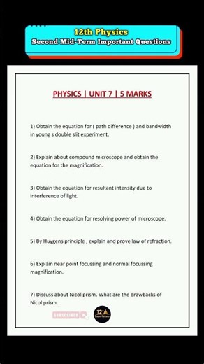 12th PHYSICS 2nd Midterm Important Questions | Repeated questions PDF 📘 | Units 7 - 5 marks