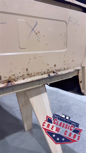 Classic Crew Cabs on Instagram: "Look what we found hiding behind the short bed bulkhead on this original paint dentside crew cab. Super awesome to see the original markings with the last 5 of the vin number , the color code and F26. Dentside beds were specific to 4x4 or 2 wheel drive. So it’s very neat to see this on the back of the bed. This truck once belonged to @bumpin_uglys and was sent to us here @classiccrewcabs for some upgrades. Recently got finished out with vintage air and now we are