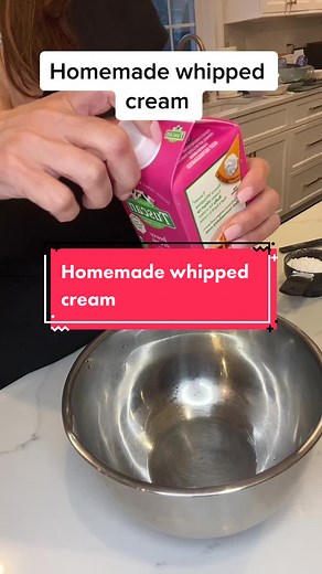 Homemade whipped cream. All you need is 1 pt of heavy cream , 1/2 cup of powdered sugar and 1/4 teaspoon of vanilla. #whippedcream #heavycream #dessert #dessertideas #desserttiktok #homemade #parfait #howtocook #kidfriendlyrecipe #momlife