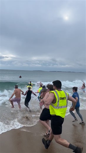 Saco Bay News on Instagram: "The first wave of “dippers” at the annual Lobster Dip celebrated the New Year by running into the ocean at 10:30 a.m. in Old Orchard Beach. #oldorchardbeach #winterinmaine #lobsterdip #specialolympicsmaine"