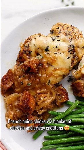 French Onion Chicken with Gruyère and Crispy Croutons