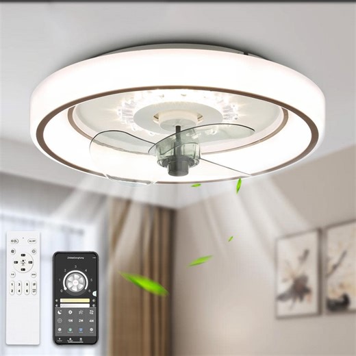 Check The Home Depot's Q&A Before Buying: Bella Depot 19 in. Indoor White Bladeless Flush Mount Ceiling Fan with Light and Remote Smart Dimmable LED Ceiling Fan for Bedroom