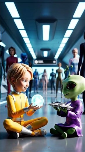 Alien child and human child play with their toys together in a bustling spaceport