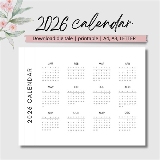 2026 Calendar - 2026 Yearly Calendar- 2026 Monthly Calendar - Etsy New Zealand