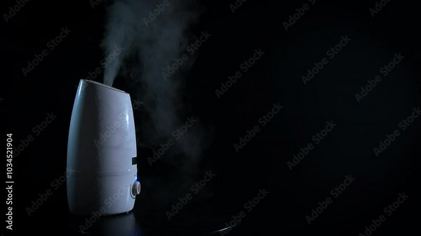 Humidifier create steam in the dark. A new humidifier working in the room. A concept of refreshing the air at home.
