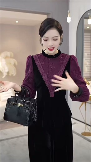 皮尔卡丹蕾丝拼接丝绒宫廷风长袖衬衫2025冬季新款长袖打底衫女士加厚上衣 黑拼紫 M 95 105