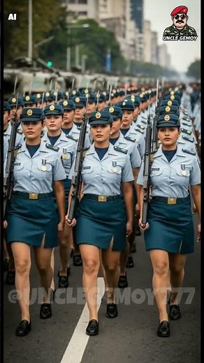 Slate Grey Precision: Stunning Female Soldiers Marching with Modern Military Sharpness