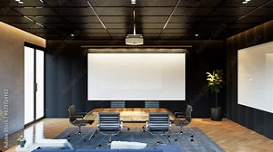 Modern conference interior animation and screens on the wall. The concept of workplace and enterprise. 3d Rendering illustration