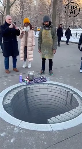 Pedestrian Falls Into Hidden Sidewalk Opening in 3D Chalk Art Display in Central Park NYC- Video recorded during winter in Central Park captures a startling moment when a highly realistic piece of 3D sidewalk chalk art leads to an unexpected accident. The footage shows a street artist drawing what appears to be a large hole in the sidewalk, carefully shaded to blend into the icy, snow-dusted pavement as pedestrians walk by. According to the video, one person steps onto the artwork and suddenly d