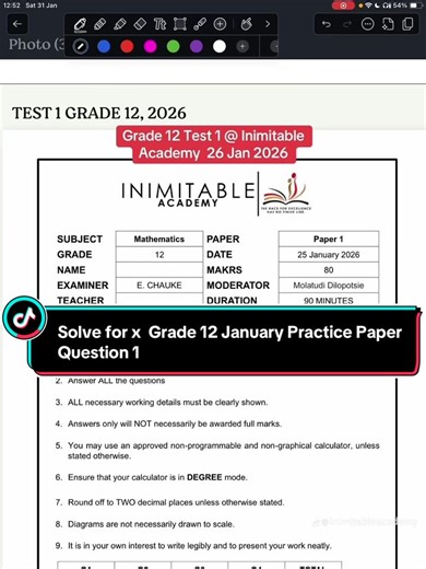 Solve for x Grade 12 January Practice Paper Question 1 #maths #learnmathontiktok #matric #mstutoringacademy #teachersoftiktok