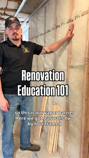 This is a good example of how we build basement exterior walls! 2x4 framing, full batt insulation, vapour barrier sealed tight on the warm side, and rigid foam on the exterior wall taped and sealed properly. You'll notice we're not running vapour barrier on the ceiling here. That's intentional. In basements, we only vapour barrier exterior walls. Between floors needs to breathe, trapping moisture there causes problems long term. Details like this matter! If you're planning a basement remodel, a 