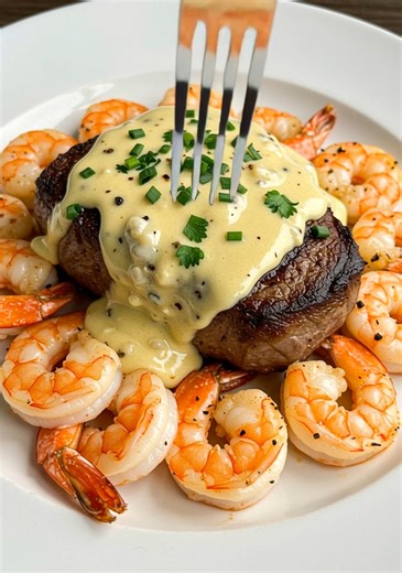 🥩 Filet Mignon & Garlic Butter Shrimp 🍤 Luxury surf & turf dinner for special nights in! 📝 Ingredients: 2 filet mignon steaks (6 oz each) ½ lb large shrimp (peeled and deveined) 2 tbsp olive oil 3 tbsp butter 3 cloves garlic (minced) ½ cup heavy cream 1 tbsp Dijon mustard 1 tbsp lemon juice Salt and pepper (to taste) 1 tbsp chopped chives (for garnish) Fresh parsley (for garnish) 🍴 How to prepare it: 1️⃣ Sear the steak: Season filets with salt and pepper. In a skillet, heat olive oil and sea
