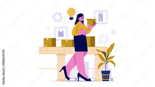 A woman shows boxes with goods in an online clothing store. Vector 2D animation in flat art style