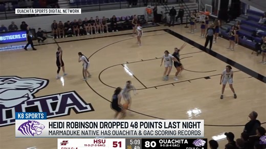 Here's just some of the many buckets in the 48 point Heidi Robinson performance for Ouachita Baptist women's basketball. The Marmaduke Lady Greyhound great set the OBU record for points in a game & tied the GAC mark. Video: Ouachita Sports Digital Network More: https://www.kait8.com/2026/01/24/marmaduke-alum-heidi-robinson-drops-48-points-thursday-ouachita-baptist/ Marmaduke High School Greyhounds | Region 8 Sports